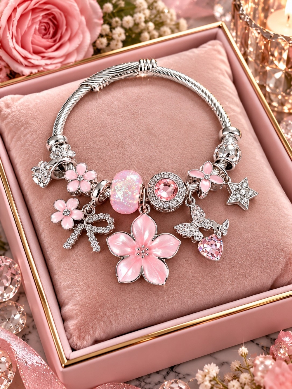 Silver Charm Bracelet with Pink Flower Charms